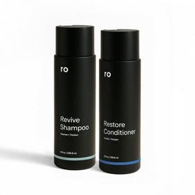 Ro front packaging of Revive shampoo and Restore conditioner showing product pair benefits