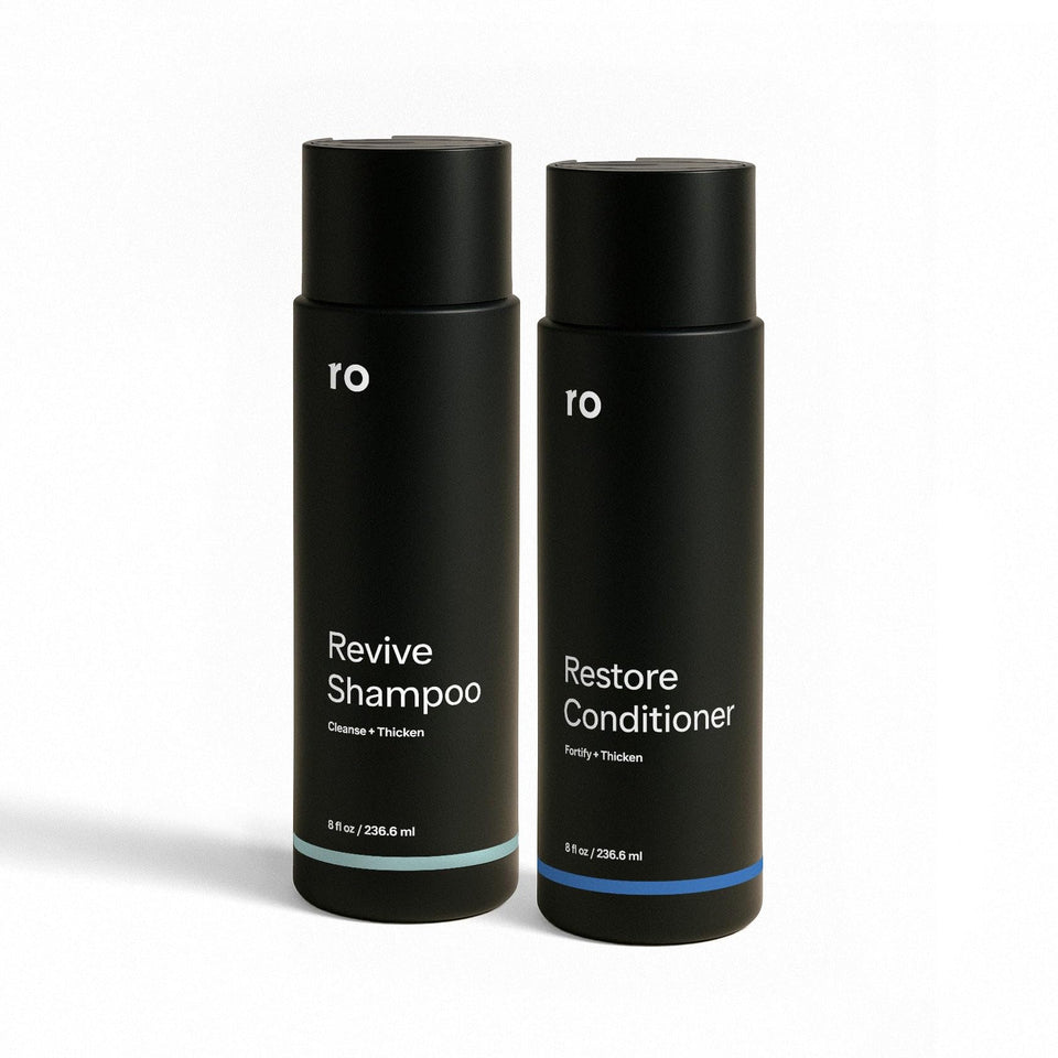Ro front packaging of Revive shampoo and Restore conditioner showing product pair benefits