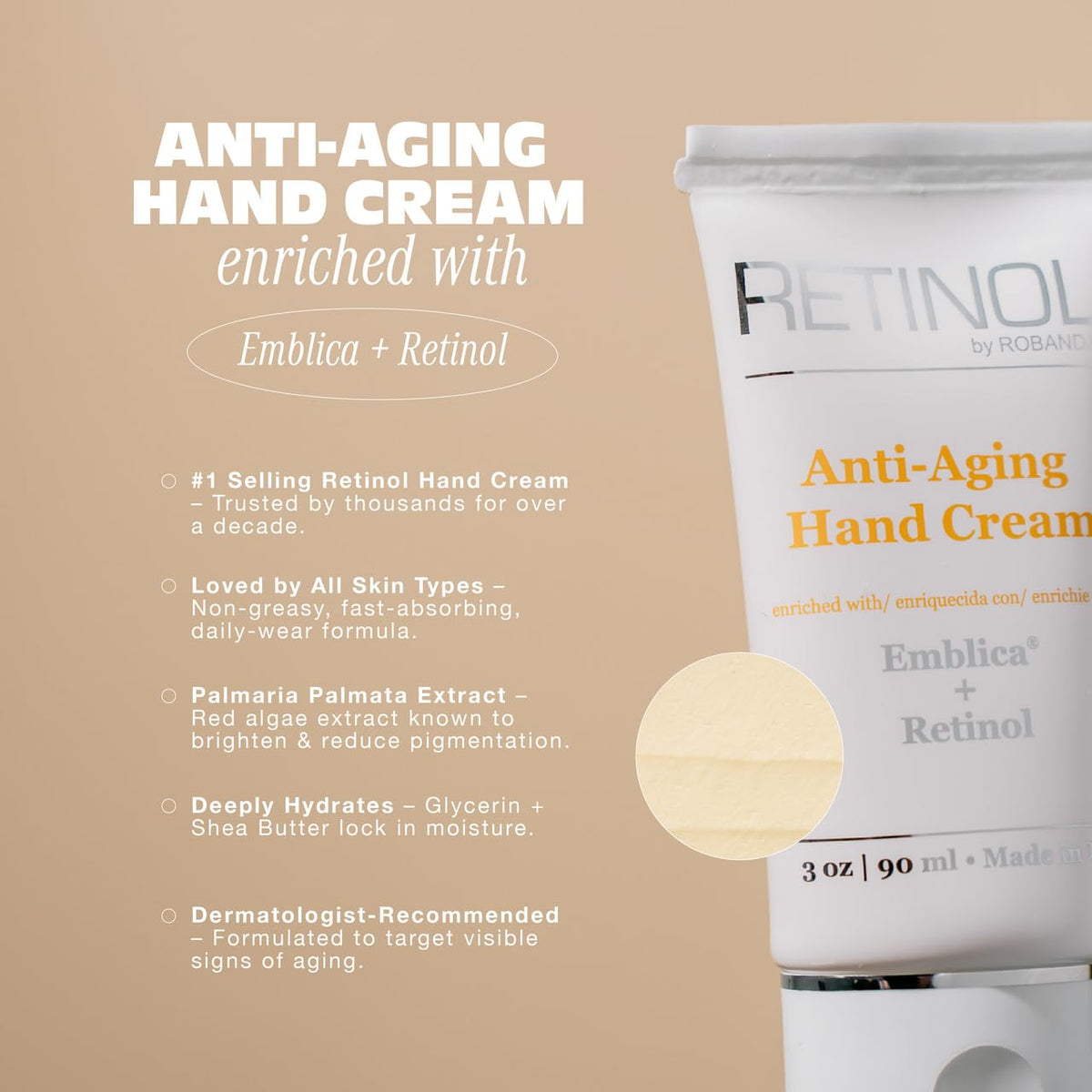 Robanda lotion being applied on hand, illustrating smooth hydration and reduced tackiness