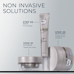 RoC applying under-eye cream beneath eye to reduce puffiness and lines