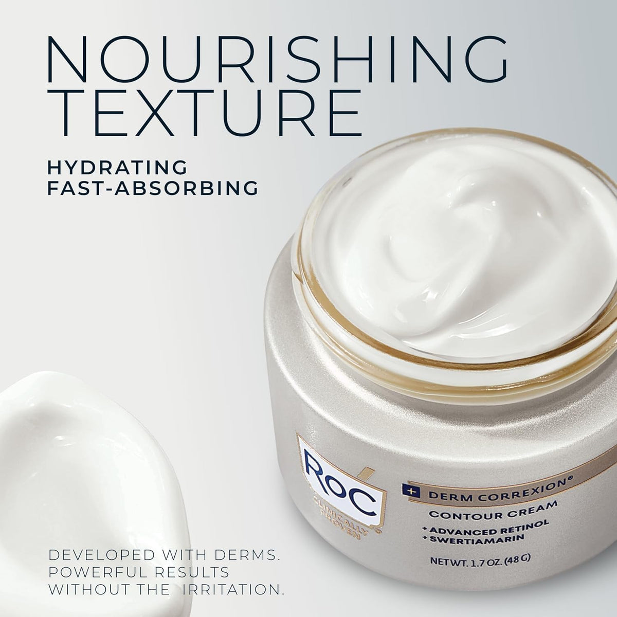 RoC cream on fingertips showing smooth consistency for easy spread