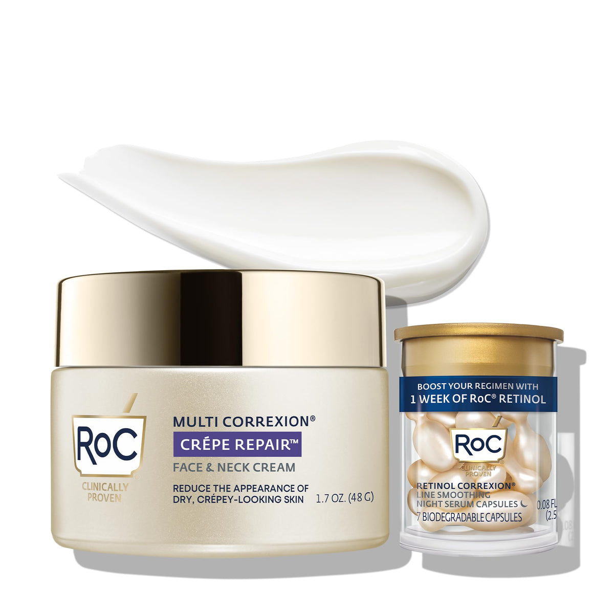 RoC jar front view showing product and tightens neck benefit