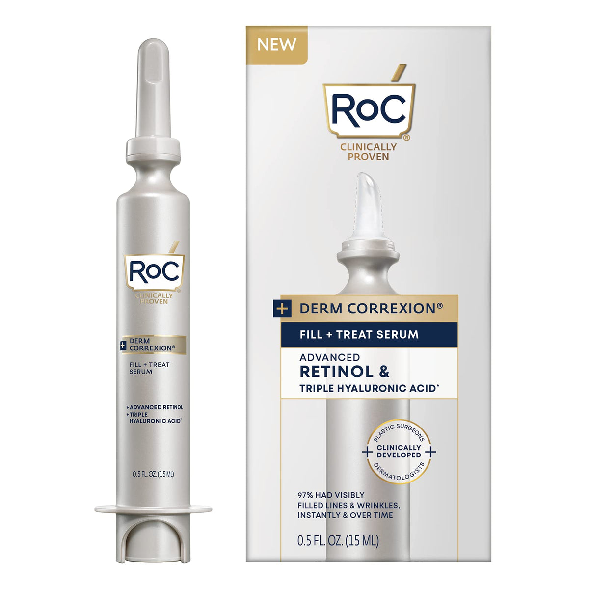 RoC front packaging showing dispenser and 15ml size with clear branding and benefit