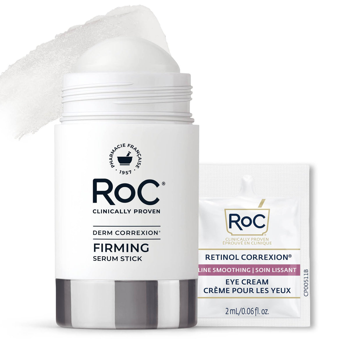 RoC firming serum stick front packaging showing product benefit