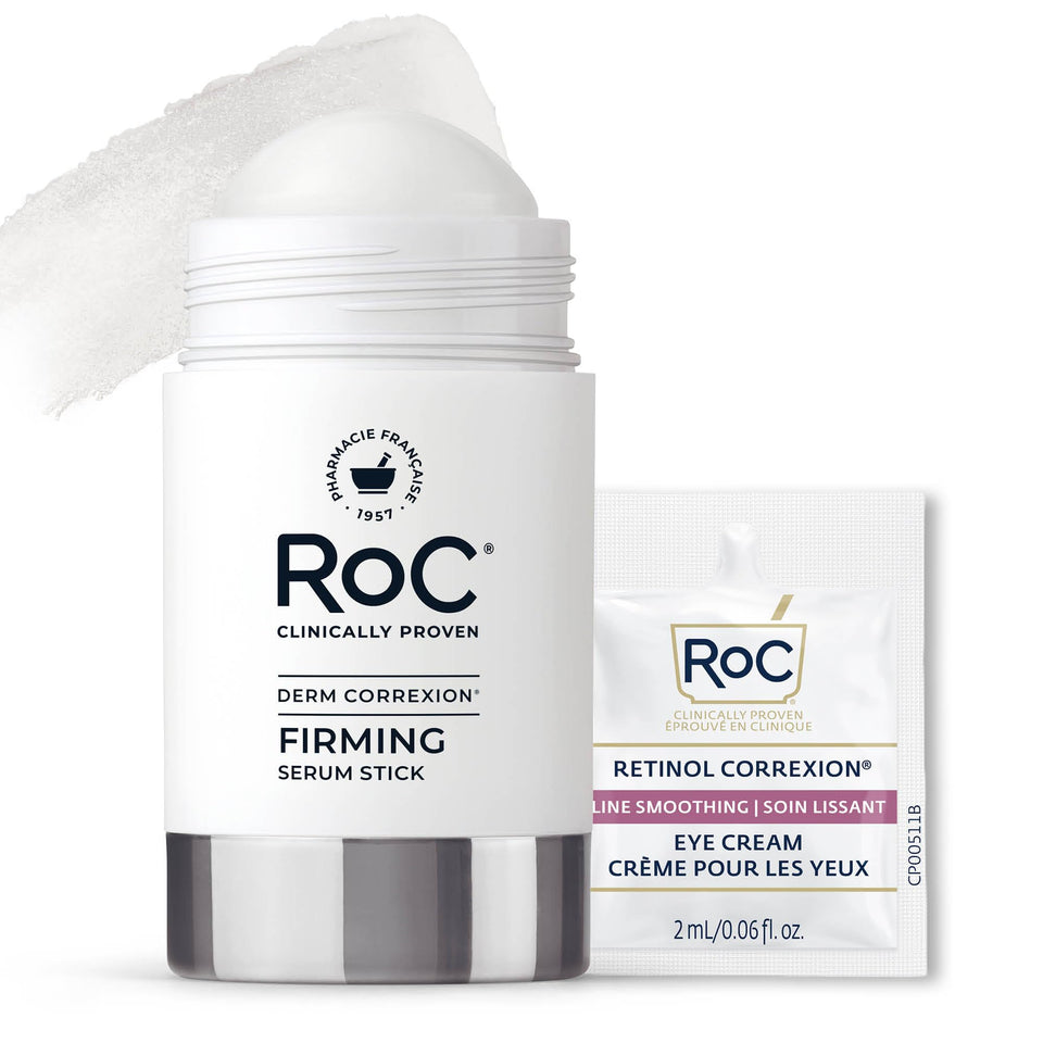 RoC firming serum stick front packaging showing product benefit