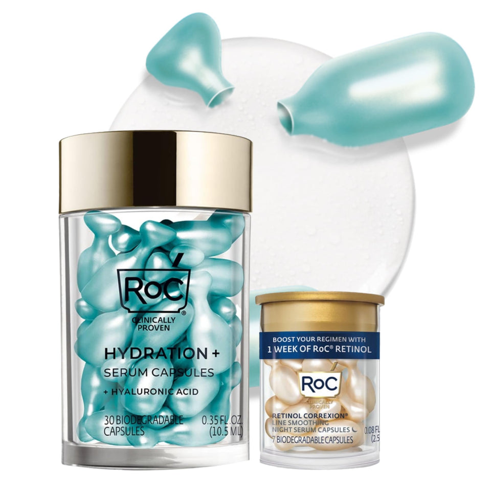 RoC front packaging showing 30-count capsules and retinol trial, highlights freshness benefit