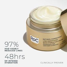 RoC ingredient label close-up showing retinol and hyaluronic acid benefits