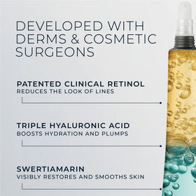RoC serum on bathroom shelf as part of a nighttime skincare routine