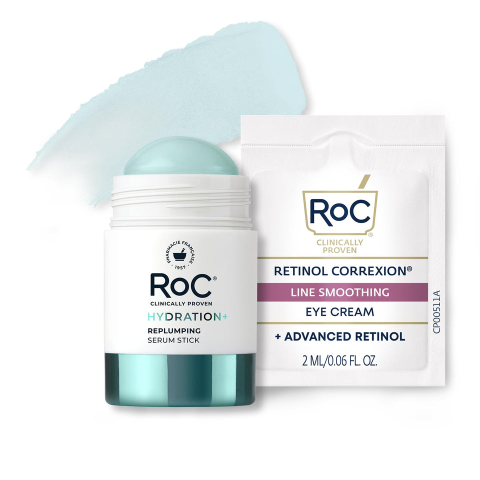 RoC serum stick front packaging showing cooling solid applicator and benefits