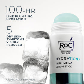 RoC serum stick held in hand showing compact size and travel convenience