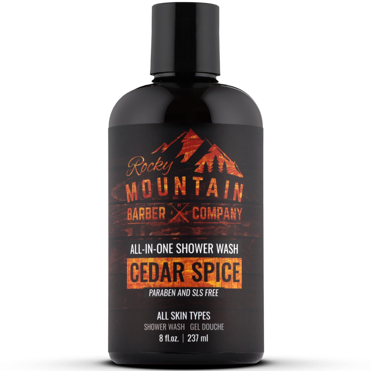 Rocky Mountain Barber Company front label showing cedar spice scent and multi-use benefit