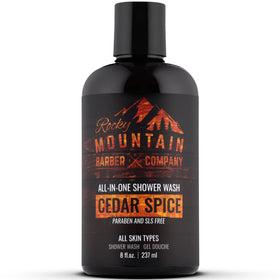 Rocky Mountain Barber Company front label showing cedar spice scent and multi-use benefit