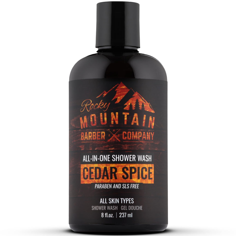 Rocky Mountain Barber Company front label showing cedar spice scent and multi-use benefit
