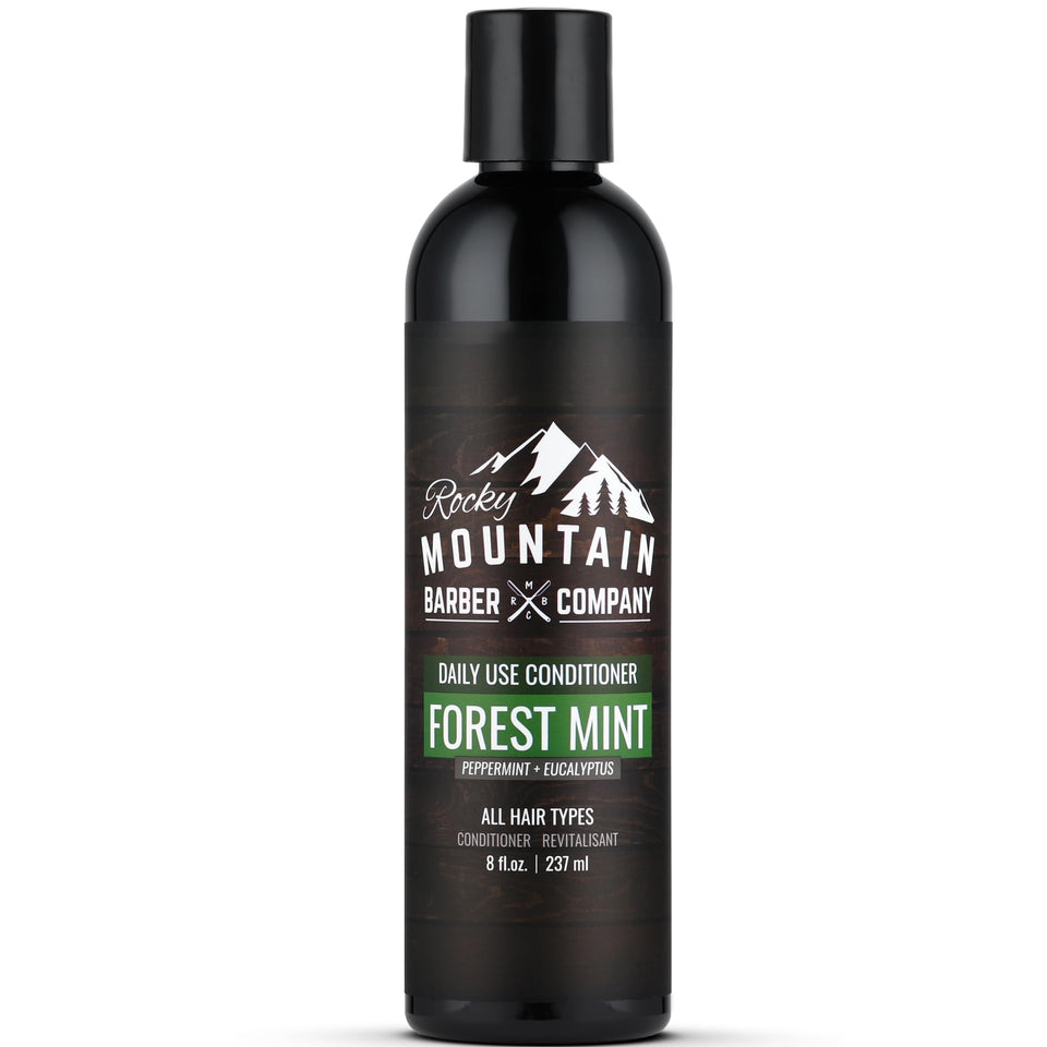 Rocky Mountain Barber Company front bottle showing product and brand benefits
