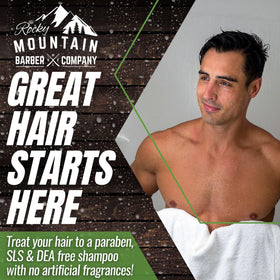 Rocky Mountain Barber Company back label with ingredients and small-batch claim