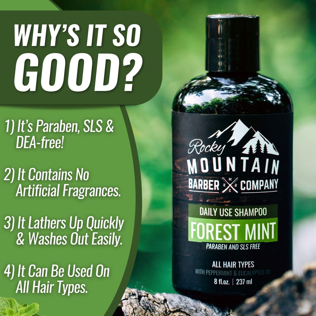 Rocky Mountain Barber Company pouring shampoo texture showing easy lather benefit