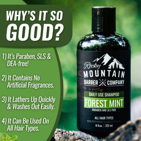 Rocky Mountain Barber Company pouring shampoo texture showing easy lather benefit