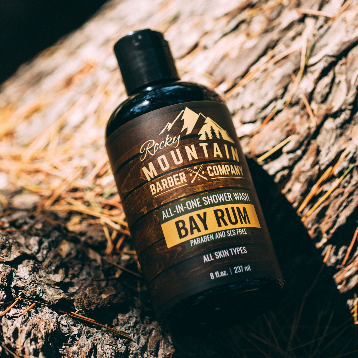 Rocky Mountain Barber Company bottle in shower being used demonstrating easy all-in-one convenience