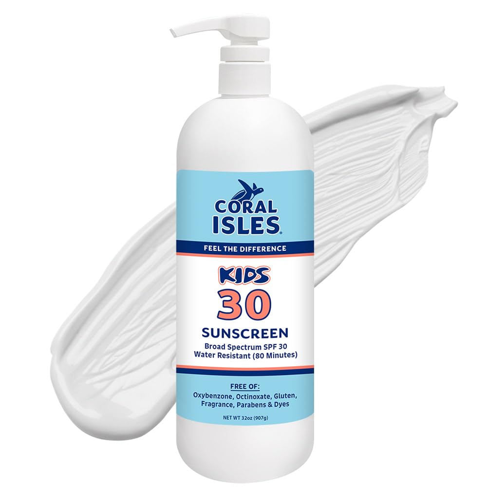 Rocky Mountain Sunscreen front pump bottle showing Coral Isles SPF 30 for easy dispensing