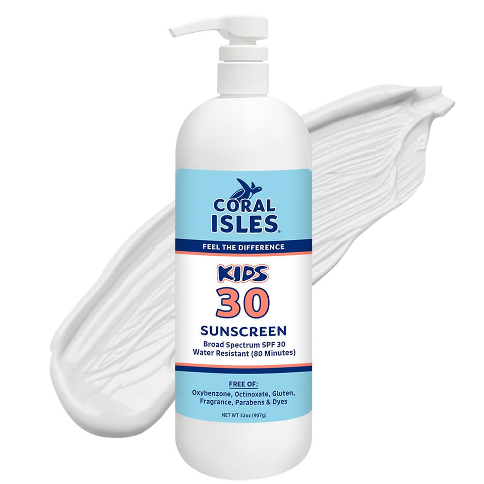 Rocky Mountain Sunscreen front pump bottle showing Coral Isles SPF 30 for easy dispensing