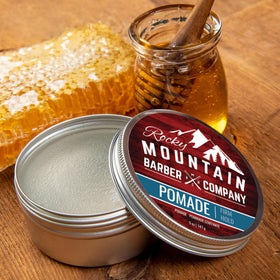 Rocky Mountain Barber Company label close-up highlighting ingredients and natural look