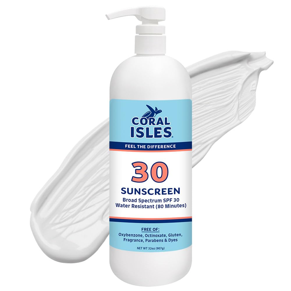 Rocky Mountain Sunscreen Coral Isles front packaging showing pump and SPF information benefits convenience
