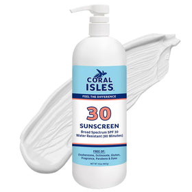 Rocky Mountain Sunscreen Coral Isles front packaging showing pump and SPF information benefits convenience