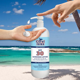 Rocky Mountain Sunscreen Coral Isles size scale with hand showing 32 fl oz economy and group use benefit