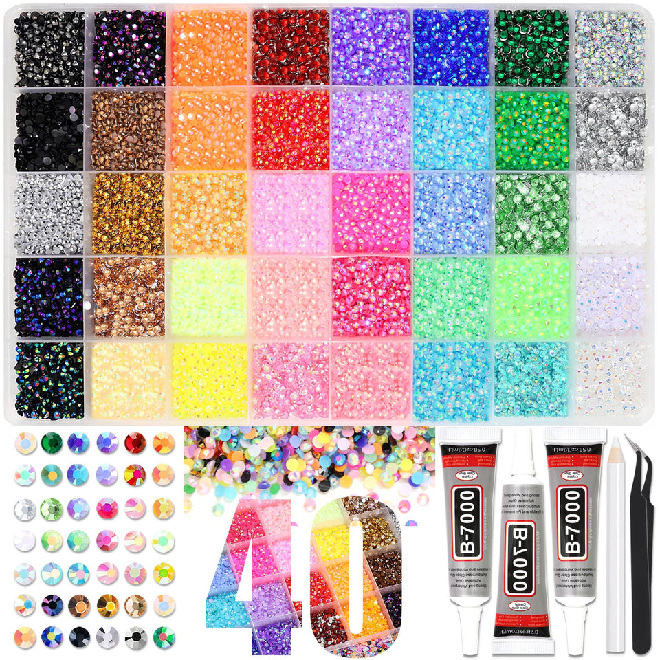 RODAKY front packaging showing 40-color rhinestone kit and included tools for easy crafting