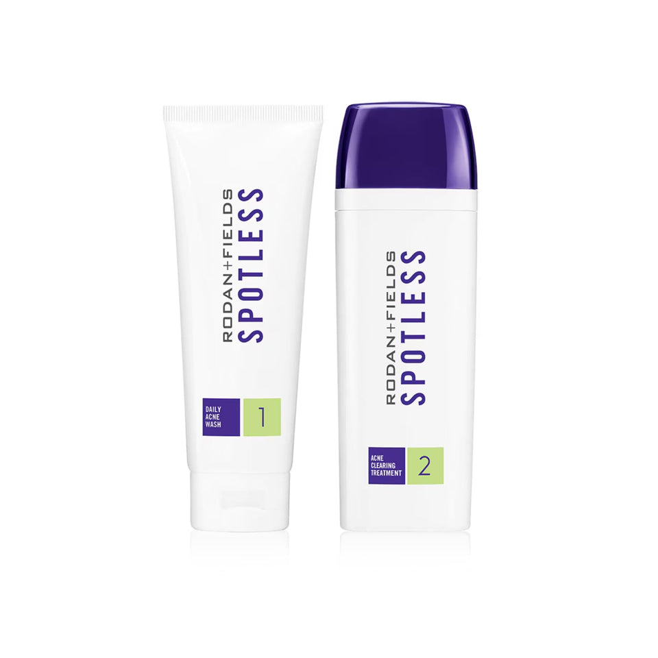 Rodan + Fields front packaging showing the two-step Spotless kit and its benefits