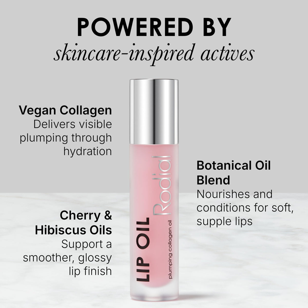 Rodial lip oil swatches on skin showing sheer pink tint and smoothing benefit