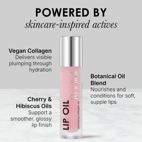 Rodial lip oil swatches on skin showing sheer pink tint and smoothing benefit