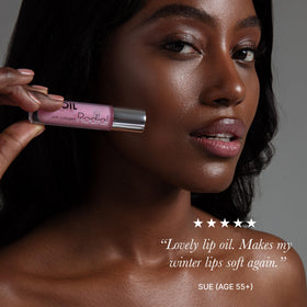 Rodial lip oil texture close-up highlighting weightless glossy finish and hydration