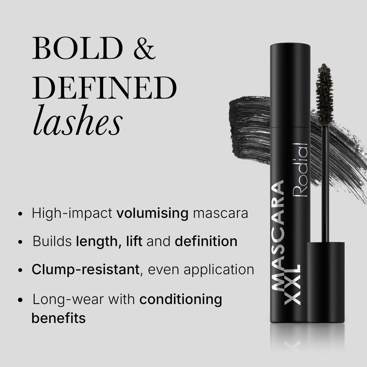 Rodial mascara xxl wand closeup demonstrating precision brush for even coat and separation