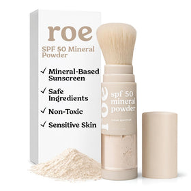 Roe Wellness front packaging showing compact brush and SPF benefit