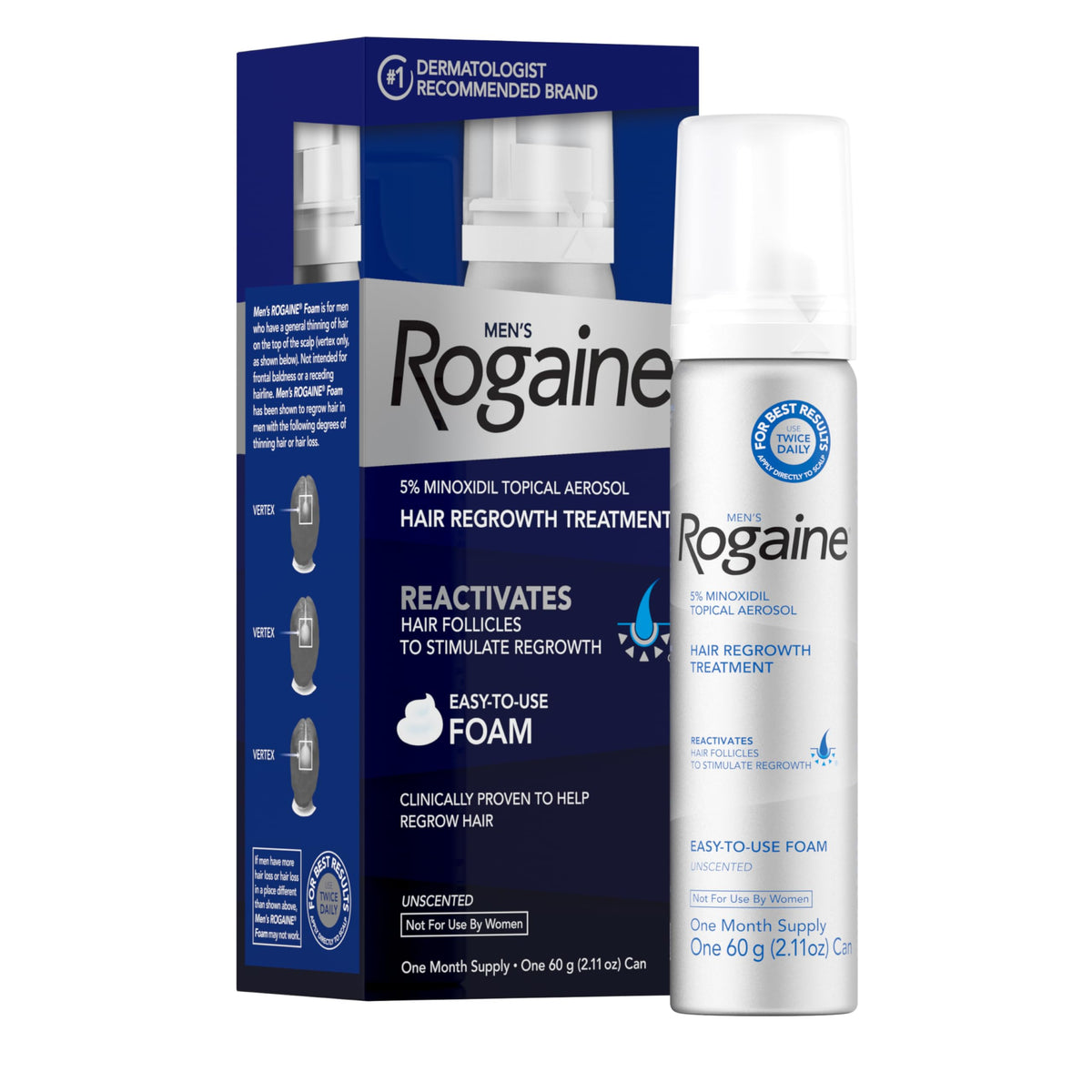 Rogaine front packaging showing product and benefits for thicker hair