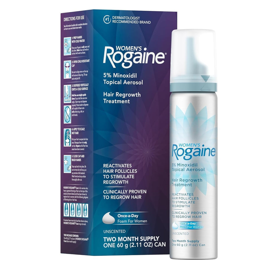 Rogaine front packaging showing 5% foam and 2.11 oz supply benefit