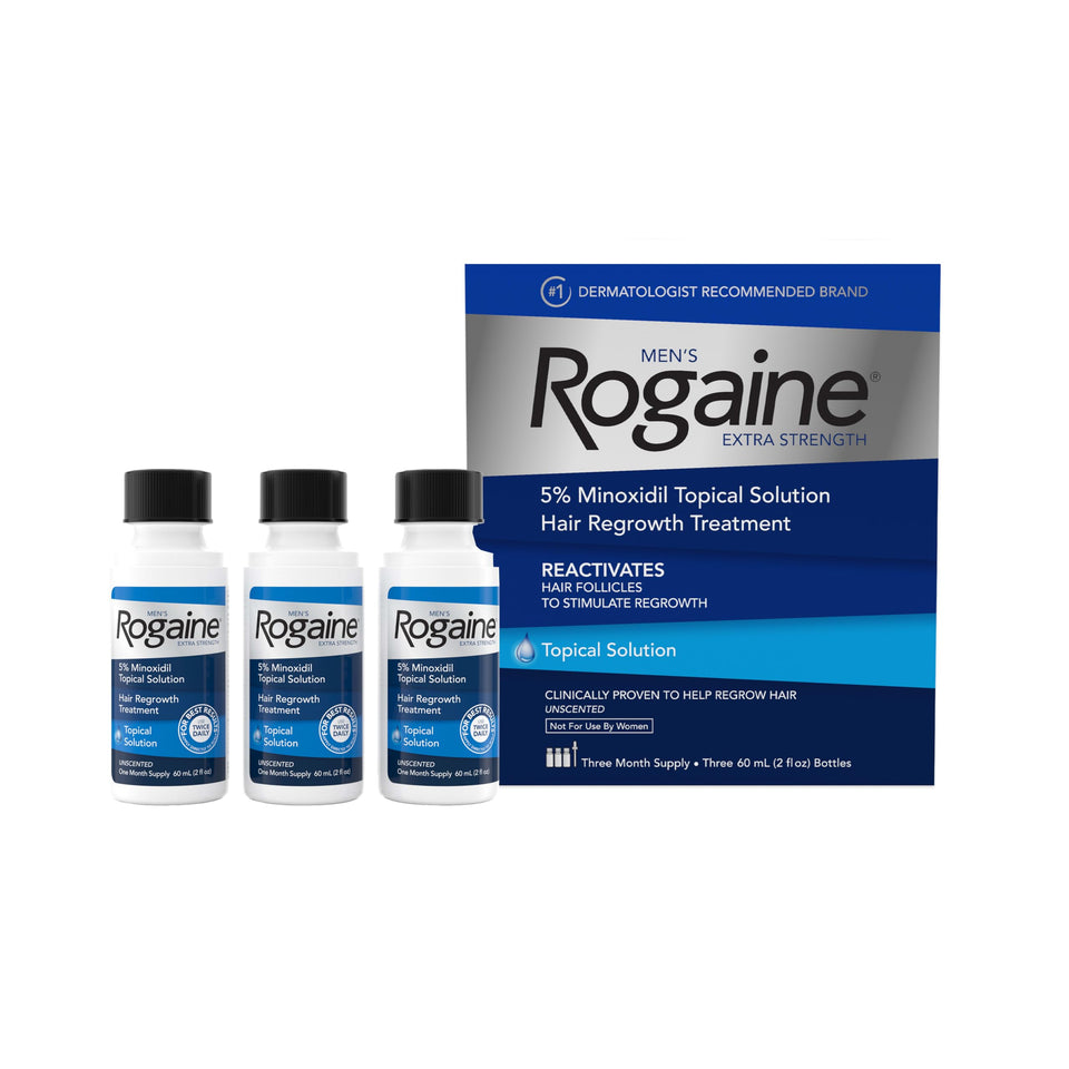 Rogaine front packaging showing three 2 fl oz bottles and brand clarity