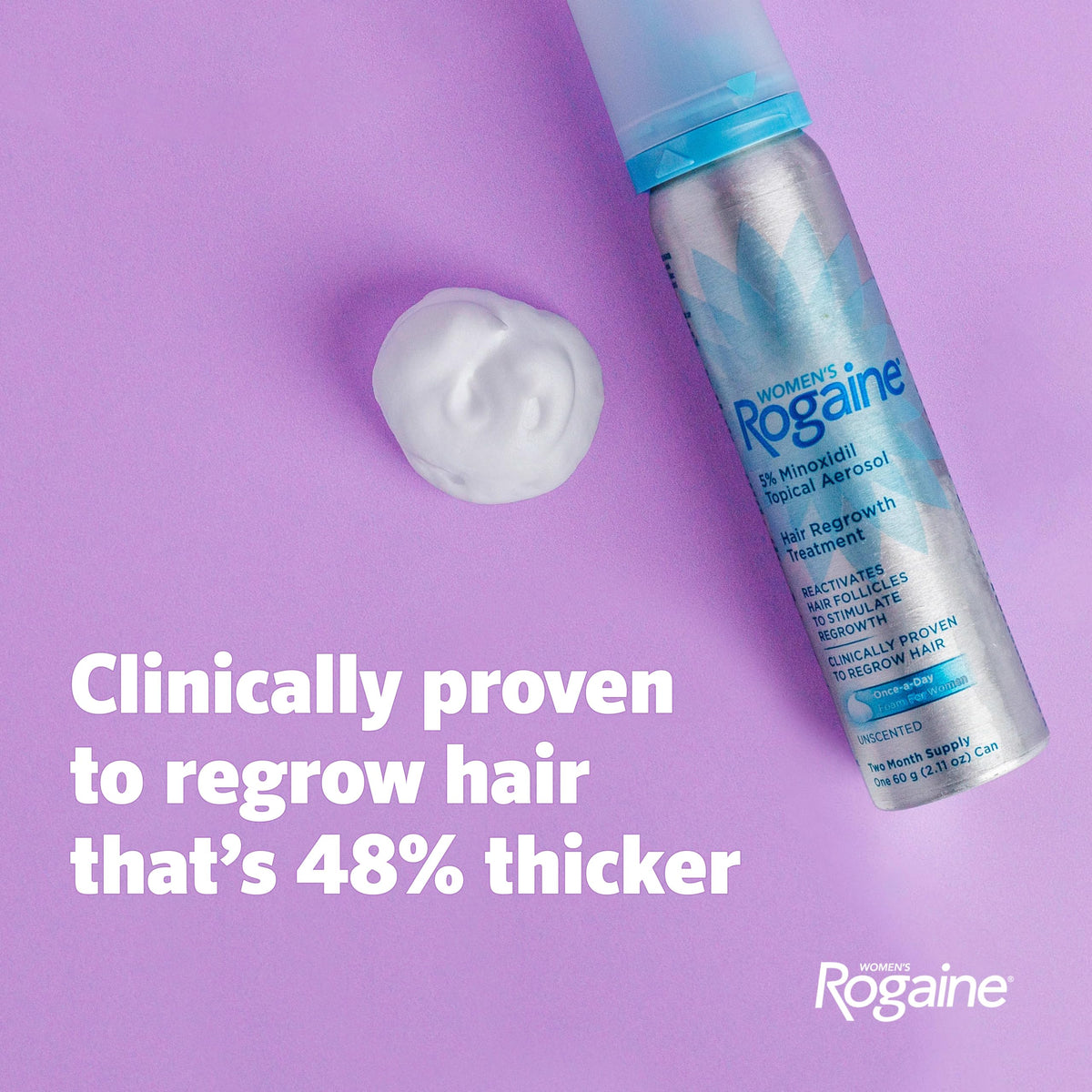 Rogaine close-up of aerosol canister emphasizing easy use