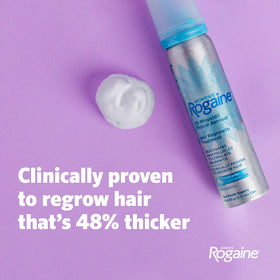 Rogaine close-up of aerosol canister emphasizing easy use