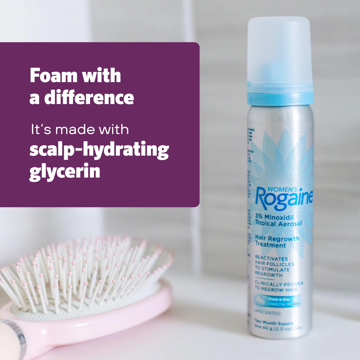Rogaine foam on fingertip illustrating lightweight texture benefit
