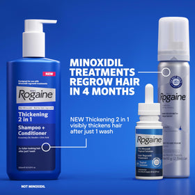 Four Rogaine cans laid out representing a four-month treatment supply