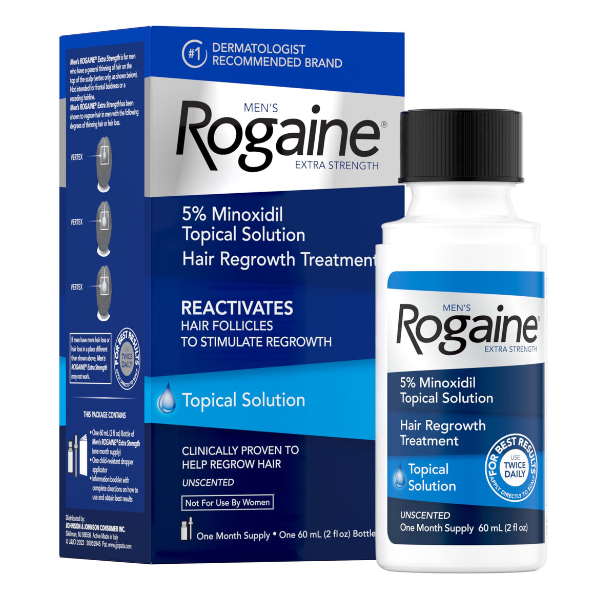 Rogaine front packaging showing 2 fl oz bottle and product benefit