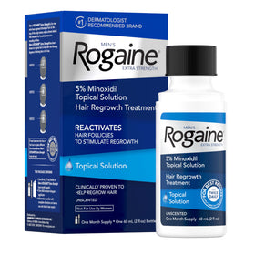 Rogaine front packaging showing 2 fl oz bottle and product benefit