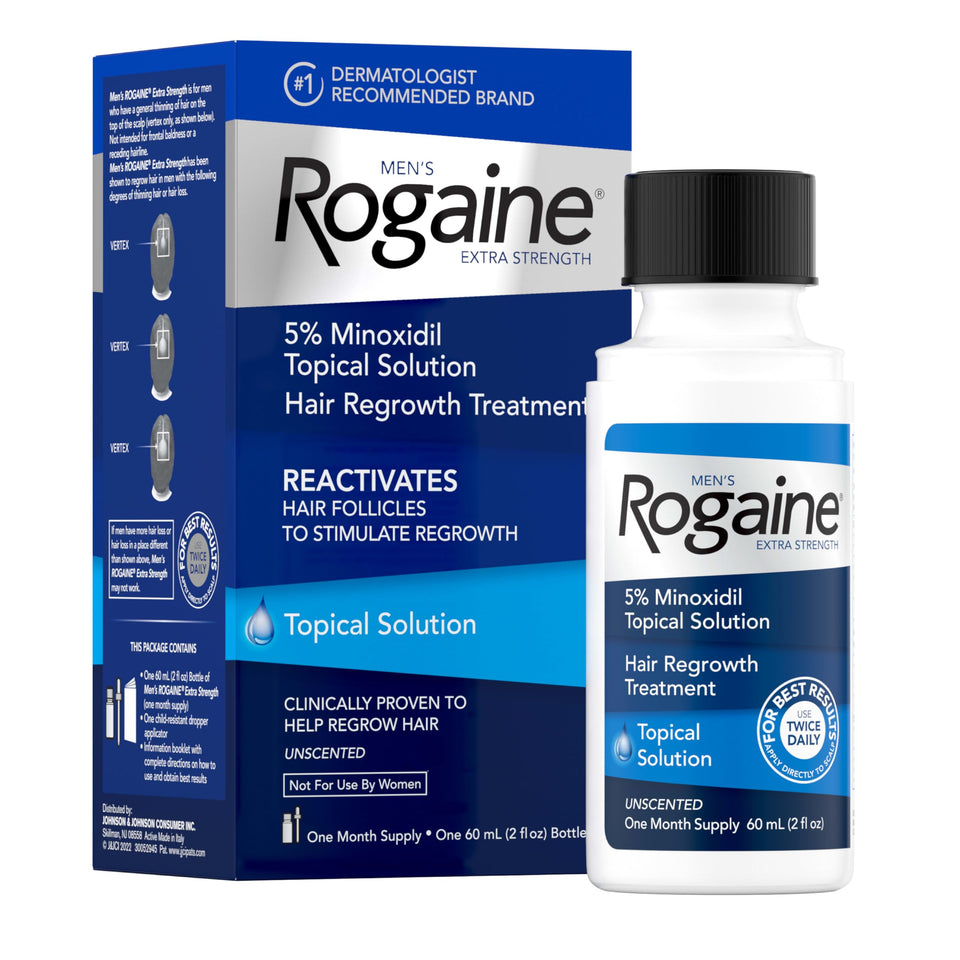 Rogaine front packaging showing 2 fl oz bottle and product benefit