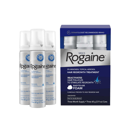Rogaine front packaging showing three-can supply and clear regrowth benefit