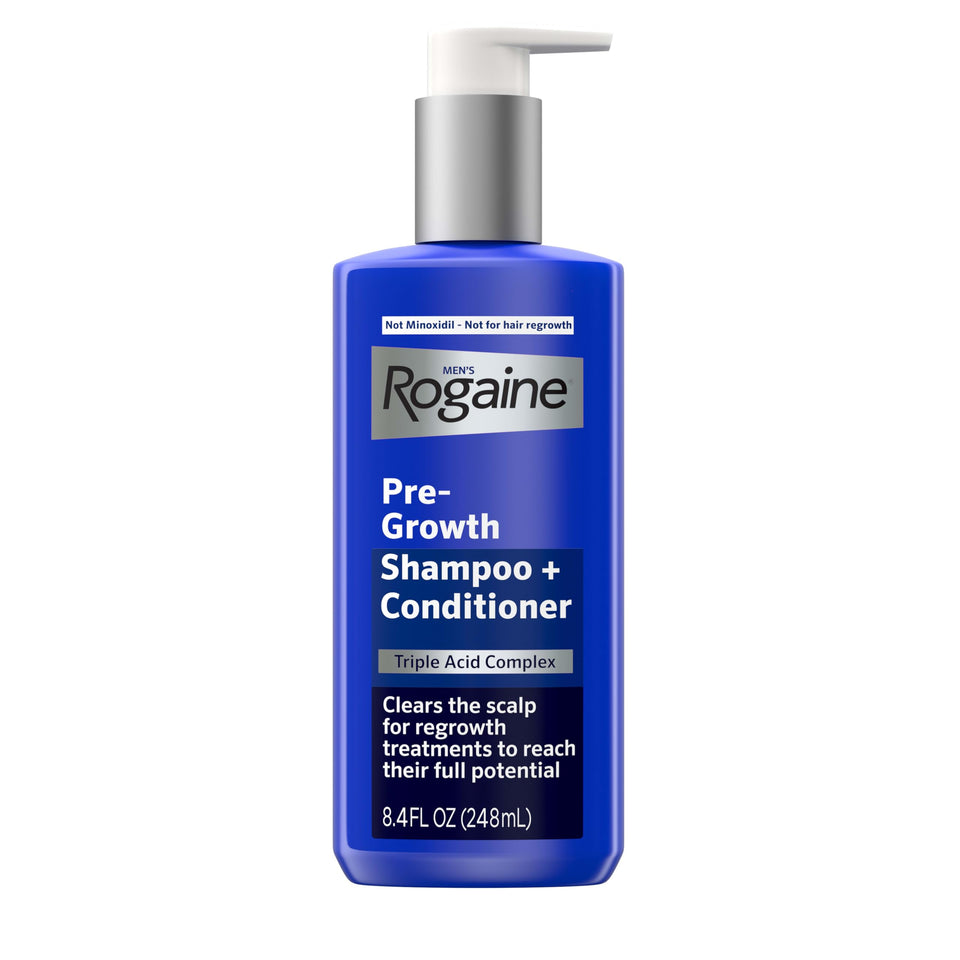 Rogaine front packaging showing 8.4 fl oz bottle and clear benefit