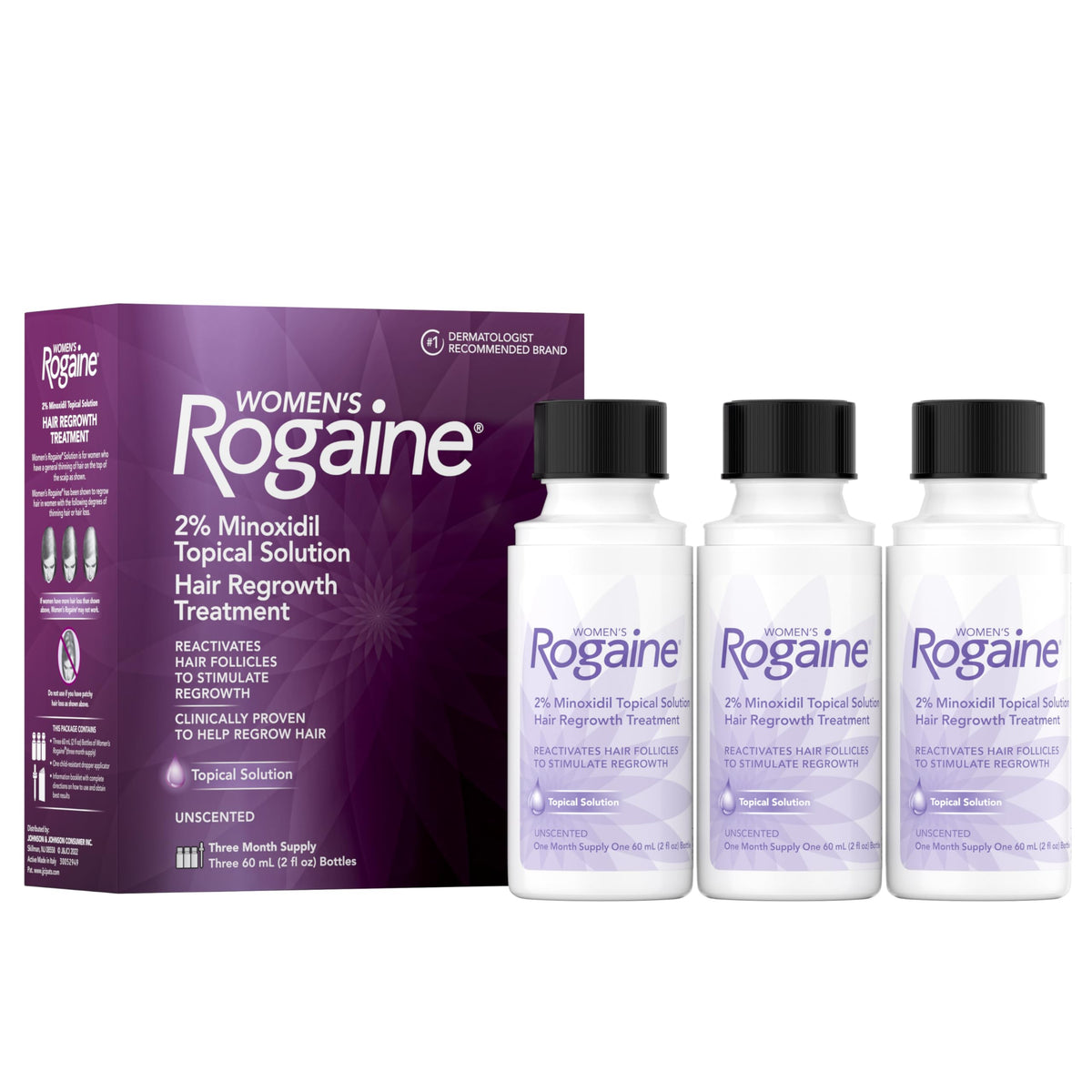 Rogaine front packaging showing bottle and unscented treatment benefit