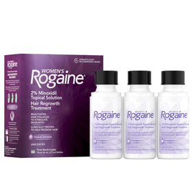 Rogaine front packaging showing bottle and unscented treatment benefit