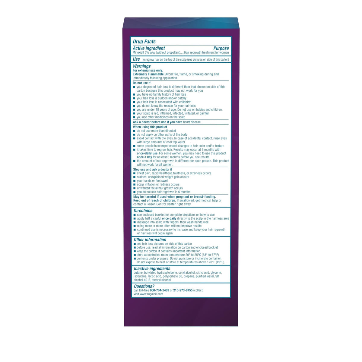 Rogaine label closeup highlighting 5% minoxidil and Tricho-Prime technology benefit